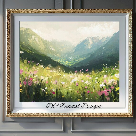 Impressionist Alpine Wildflower Meadow with Green Peaks Poster