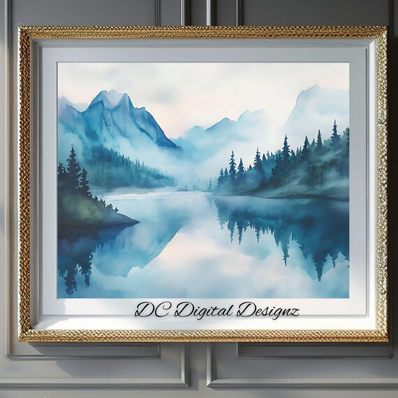 Blue Mountain Lake with Pine Forest Perfect Reflection Watercolor Poster