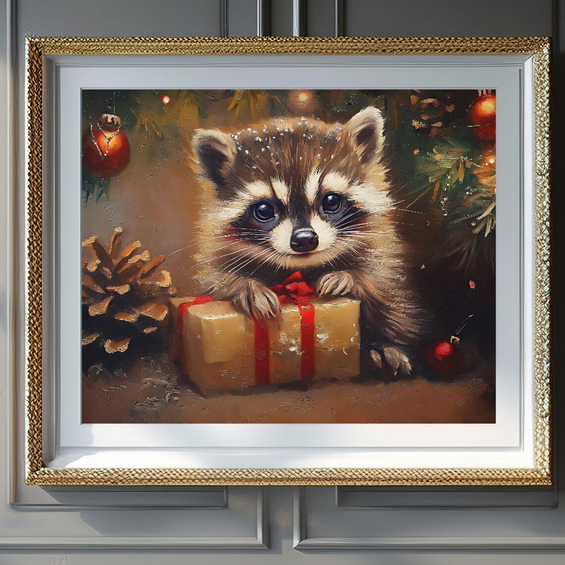 Adorable Baby Raccoon With Christmas Gift Box Woodland Poster
