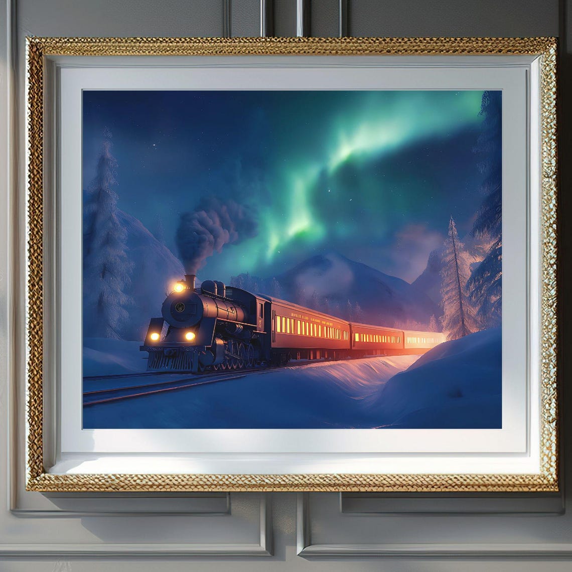 Aurora Borealis Steam Train in Snowy Forest Night Scene Poster