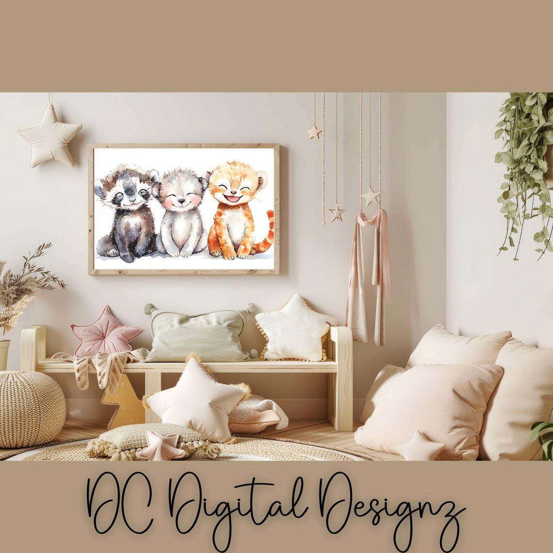 Three Smiling Baby Tiger Cubs Watercolor Portrait Nursery Poster