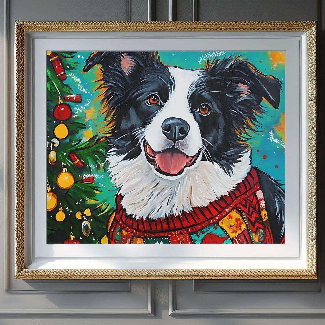 Happy Border Collie Christmas Sweater Teal Tree Holiday Poster