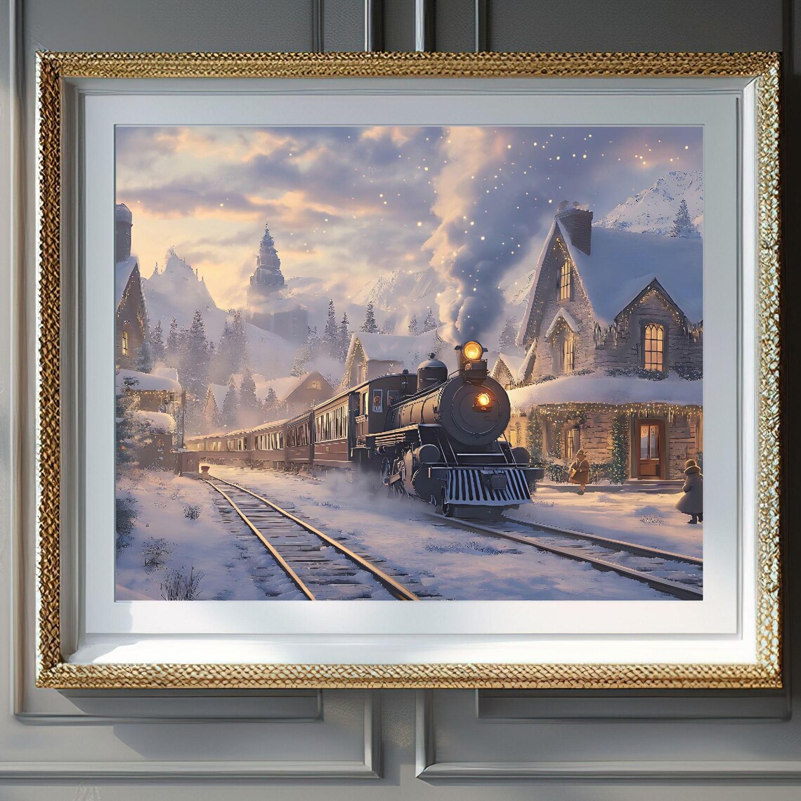 Steam Train Passing Snowy Village Cozy Cottages Winter Poster