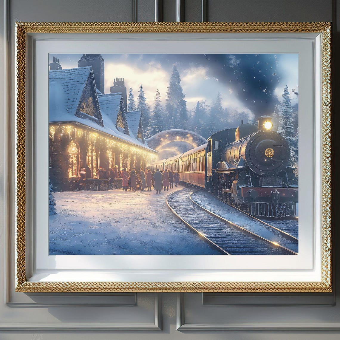 Steam Train Arriving at Snowy Depot Crowded Winter Platform Poster