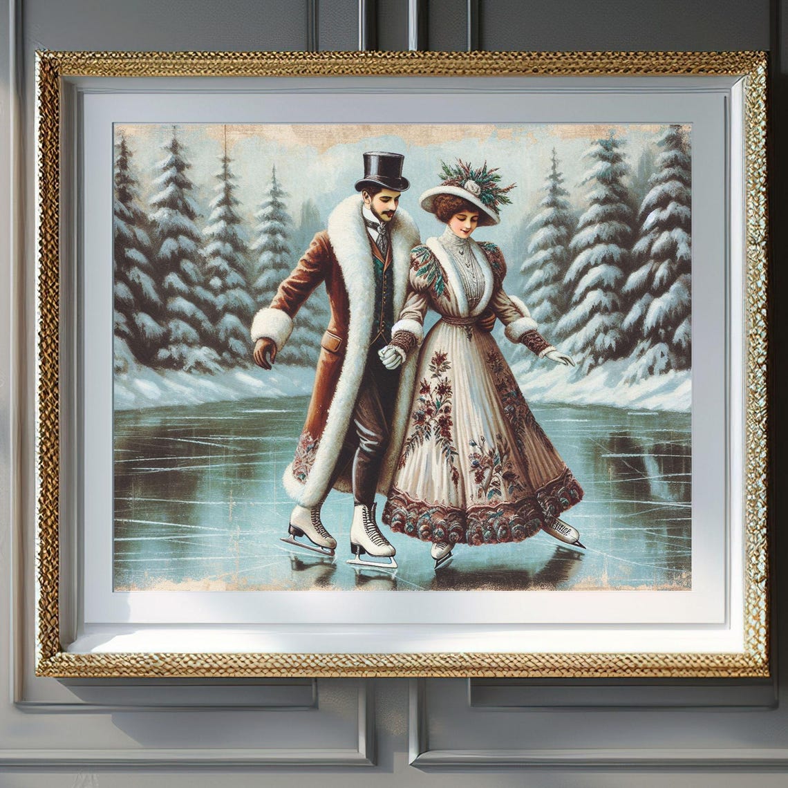 Victorian Couple Ice Skating Romantic Winter Lake Vintage Poster