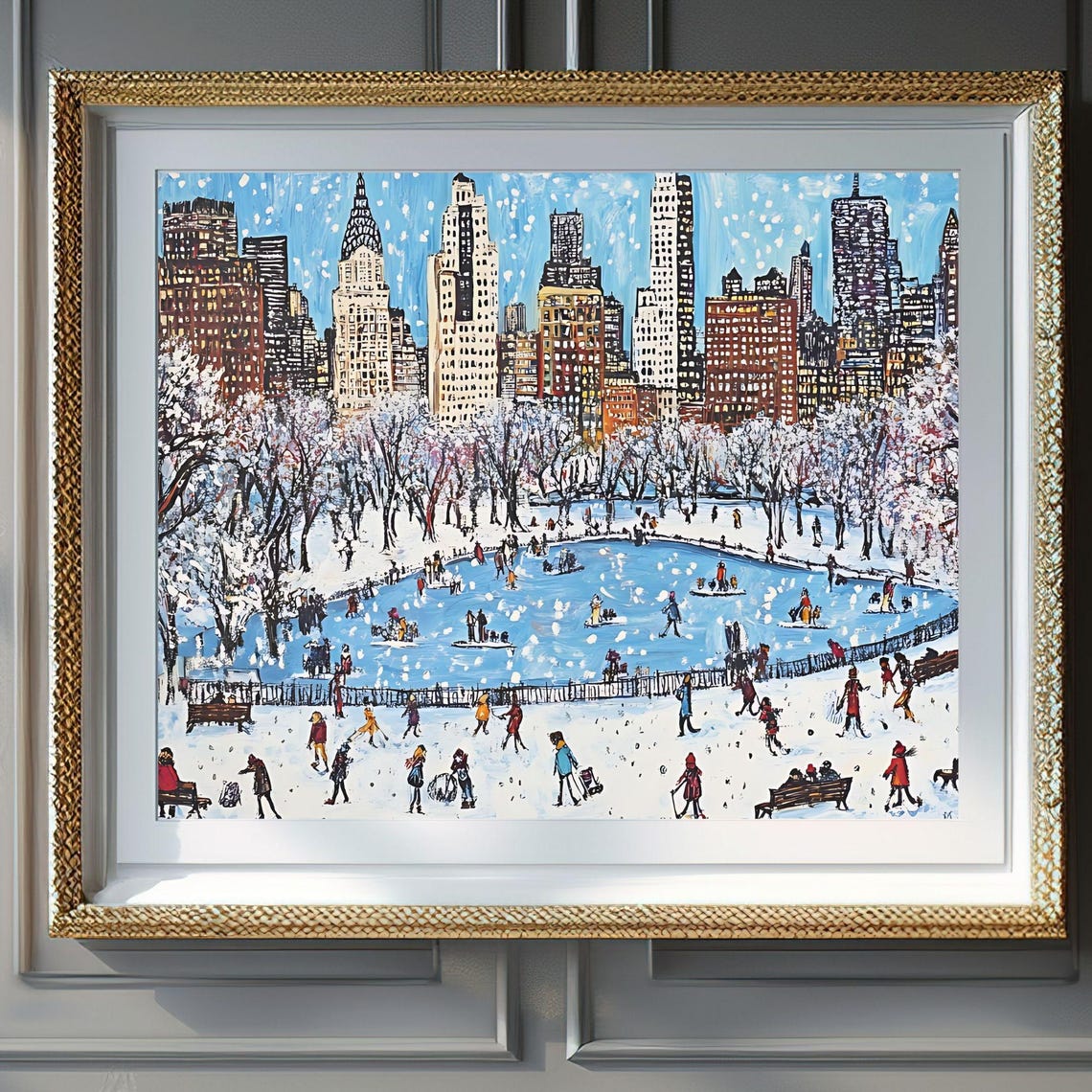 New York City Winter Ice Skating Rink Snowy Skyscraper Poster