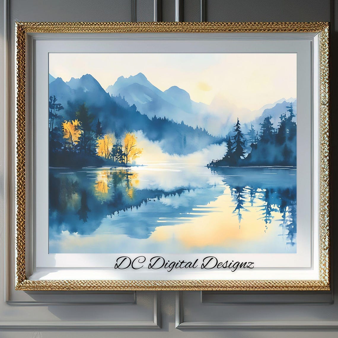Golden Autumn Trees Mountain Lake Reflection Watercolor Poster