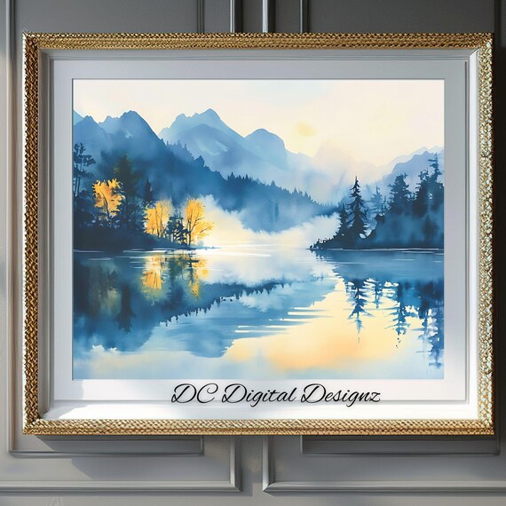 Golden Autumn Trees Mountain Lake Reflection Watercolor Poster