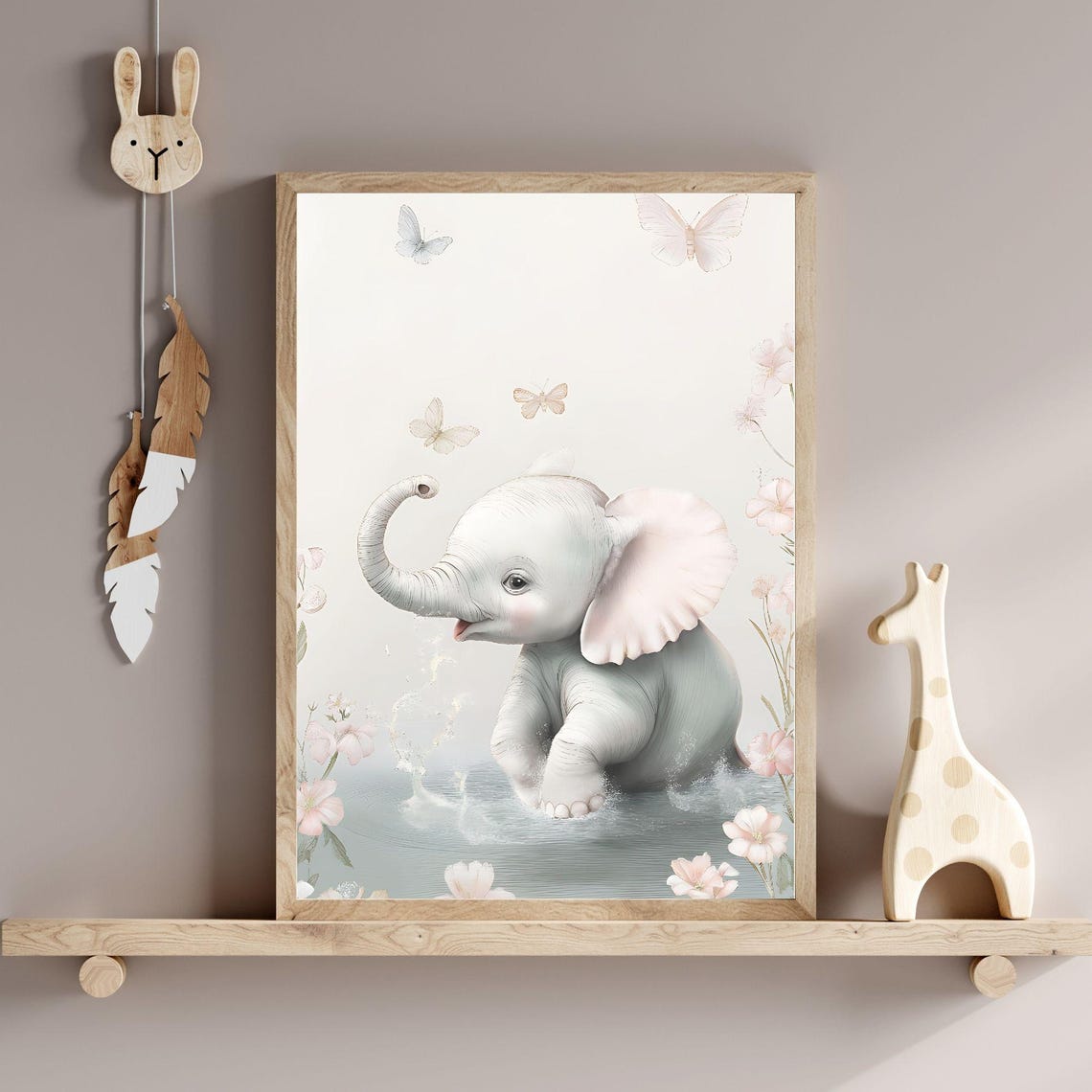 Baby Elephant Playing Water Pink Blossoms Nursery Room Poster