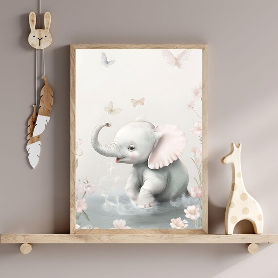Baby Elephant Playing Water Pink Blossoms Nursery Room Poster