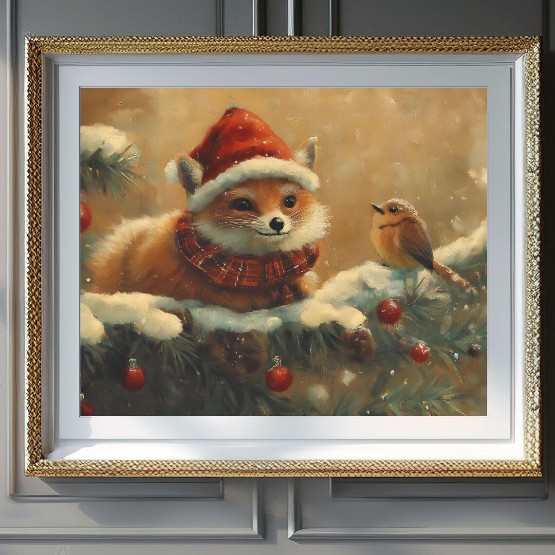 Adorable Baby Fox Santa Hat Bird Woodland Christmas Scene Poster