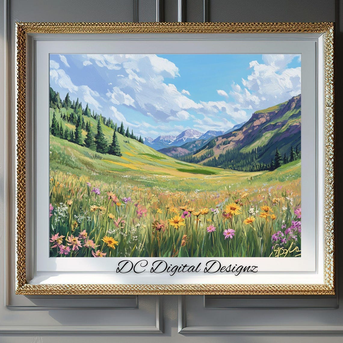 Bright Alpine Wildflower Valley with Pine Forests Oil Landscape Poster