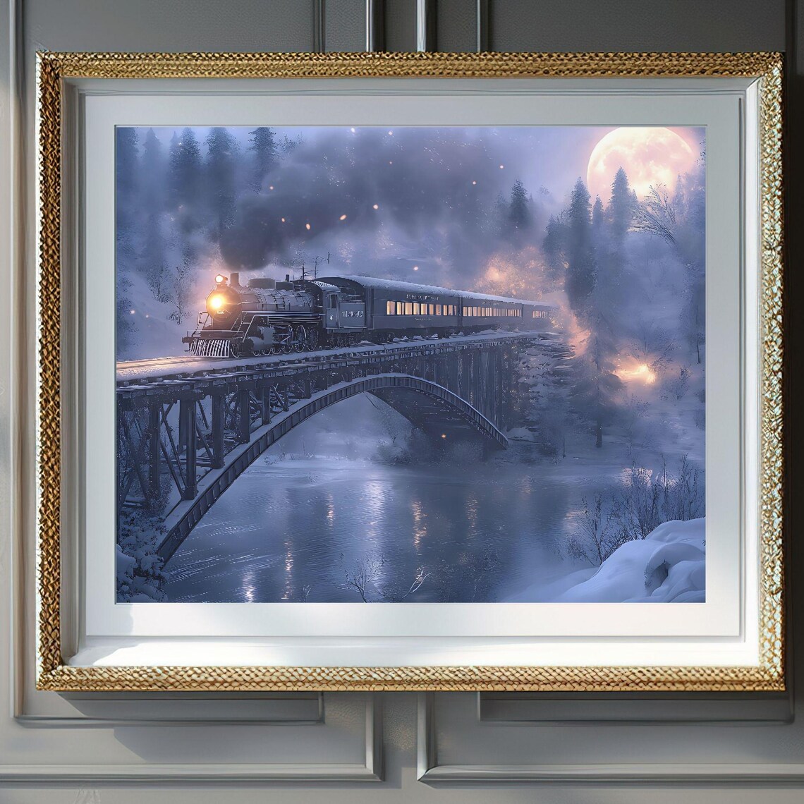 Steam Train Crossing Snowy Bridge Full Moon Night Art Poster