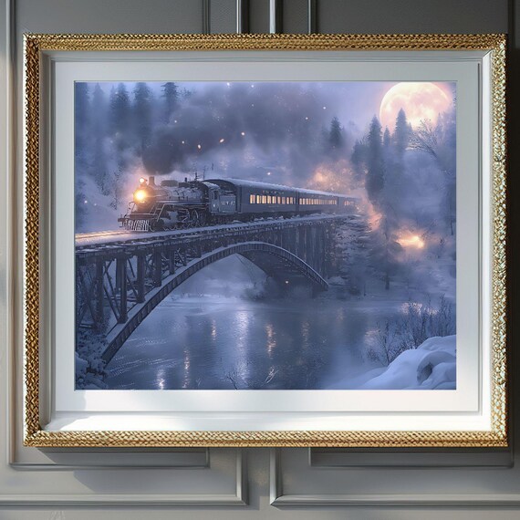 Steam Train Crossing Snowy Bridge Full Moon Night Art Poster