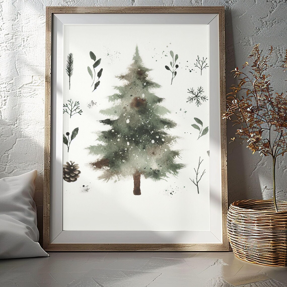 Watercolor Fir Tree Botanical Sprigs Snowflakes Christmas Poster