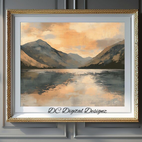 Golden Sunset Glow Mountain Lake Reflection Oil Painting Poster