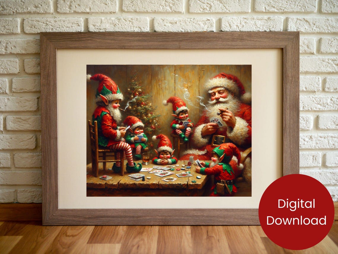 Santa Claus Playing Cards With Elves Cozy Cabin Holiday Poster
