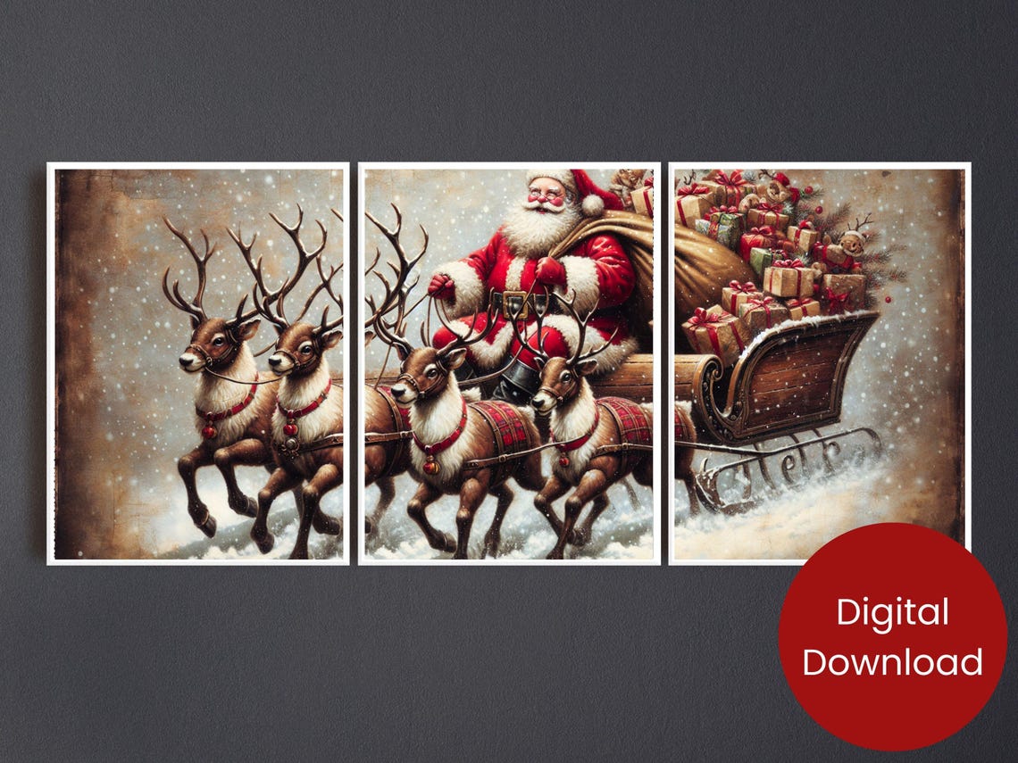 Santa Claus Reindeer Sleigh Vintage Triptych Set Holiday Poster