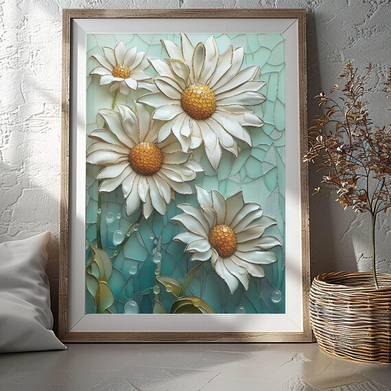 Stained Glass White Daisies Teal Cracked Glass Mosaic Poster