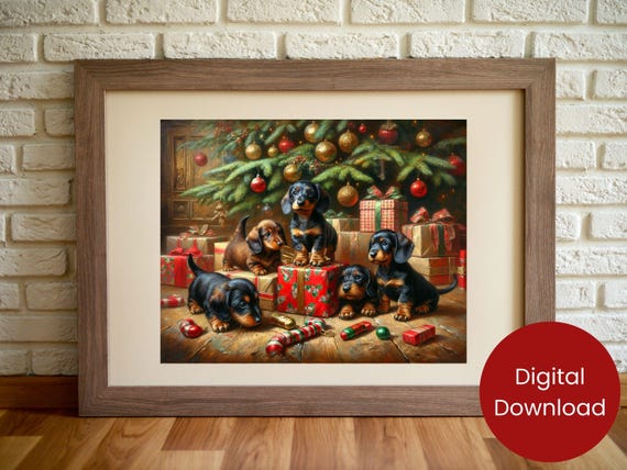 Christmas Wall Art Dachshund Puppies Playing Under Christmas Tree Holiday Art Cute Dog Christmas Decor Instant
