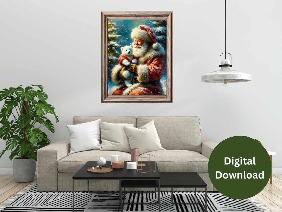 Santa Claus Holding Baby Polar Bear Snowy Winter Night Poster