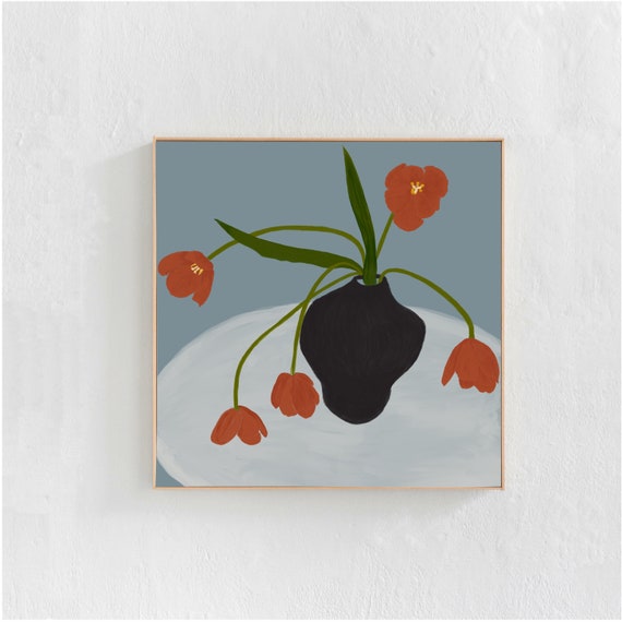 Tulips in a Vase, Muted Blue Floral Art Print
