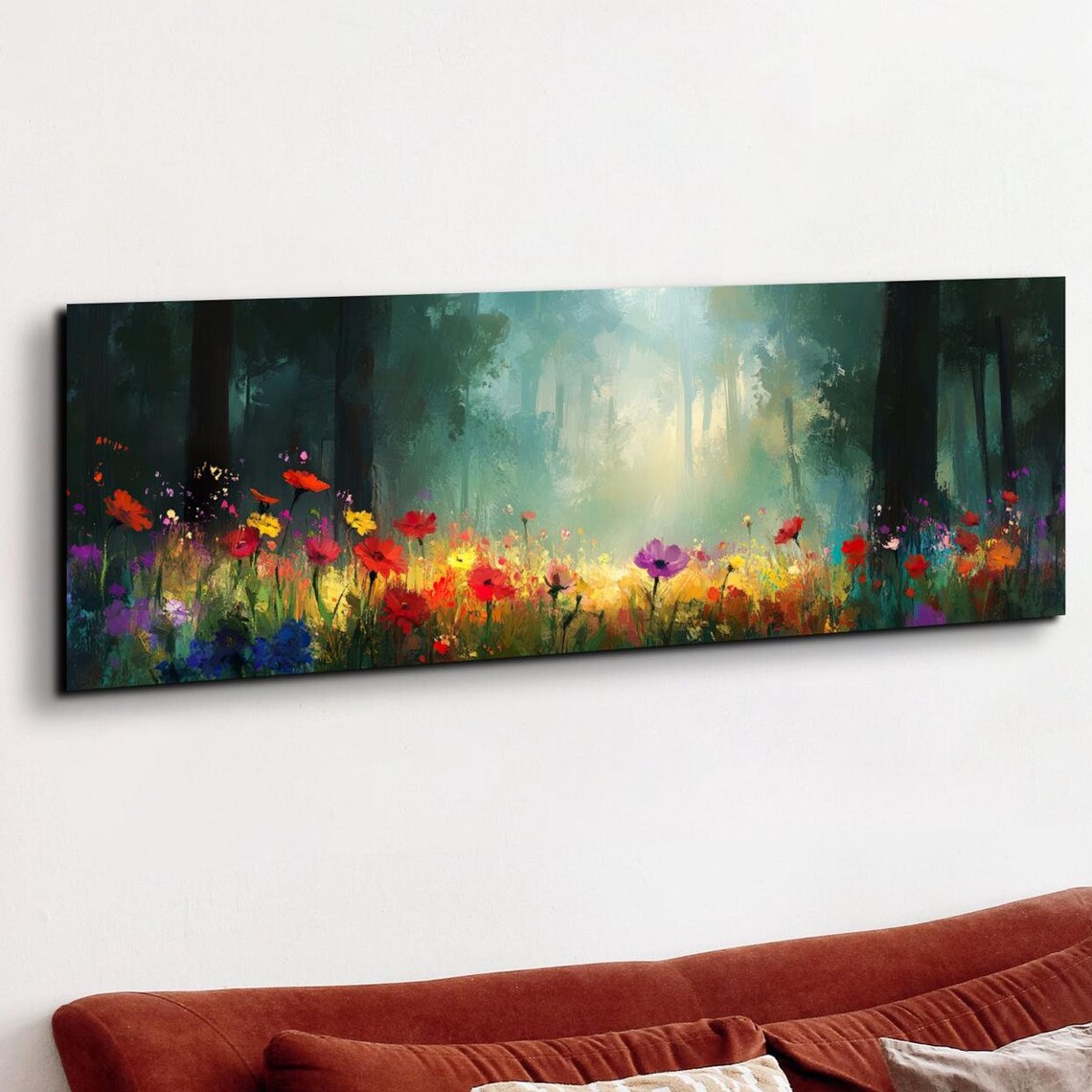 Misty Forest Wild Flower Landscape, Tranquil Art
