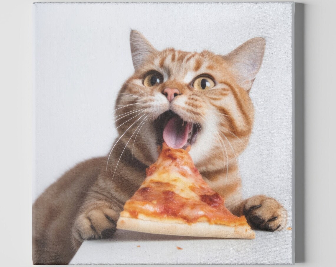 Cute Cat Eating Pizza, Funny Kitchen Art Print