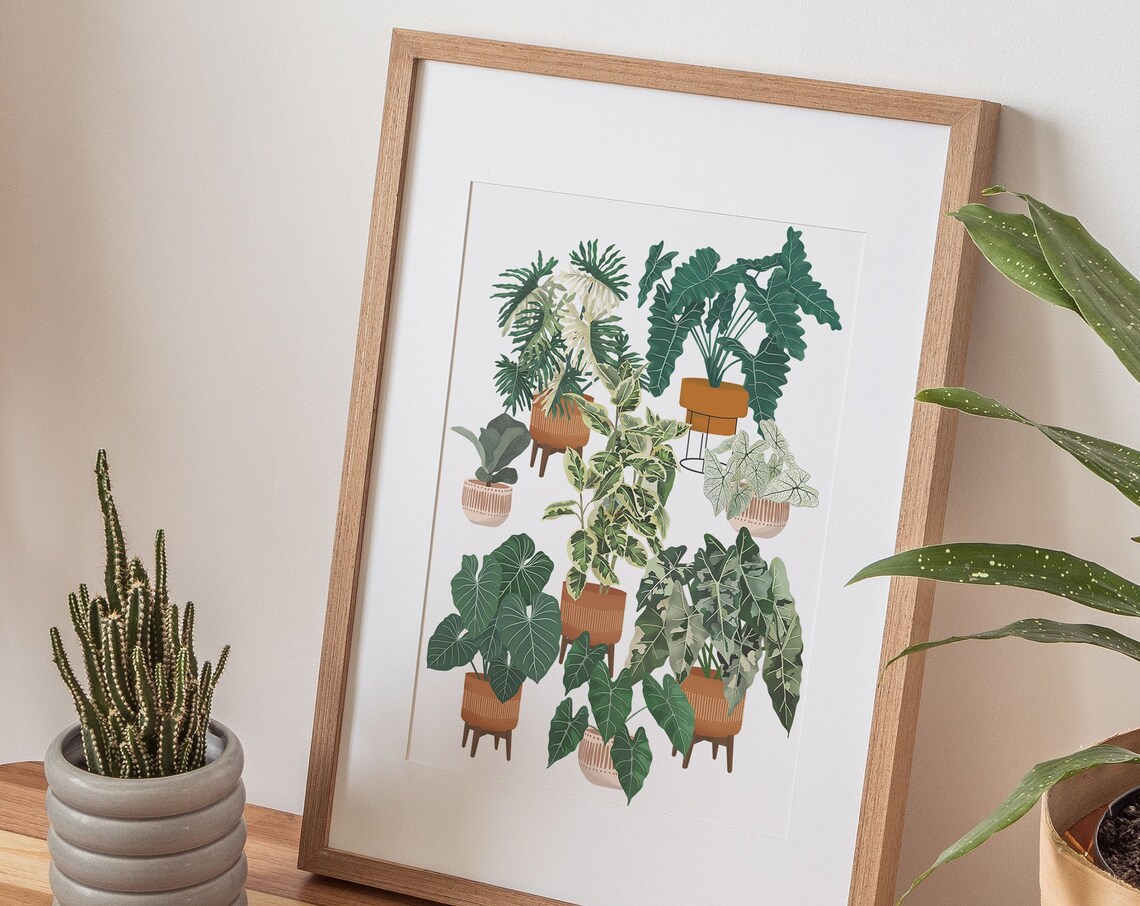 Potted Houseplants On Slim Metal Stands Modern Botanical Art Print - Image 3