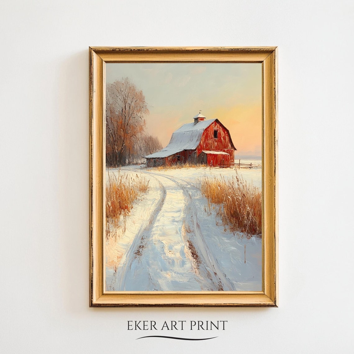 Red Barn Snowy Winter Sunset Landscape Rustic Farmhouse Art Print