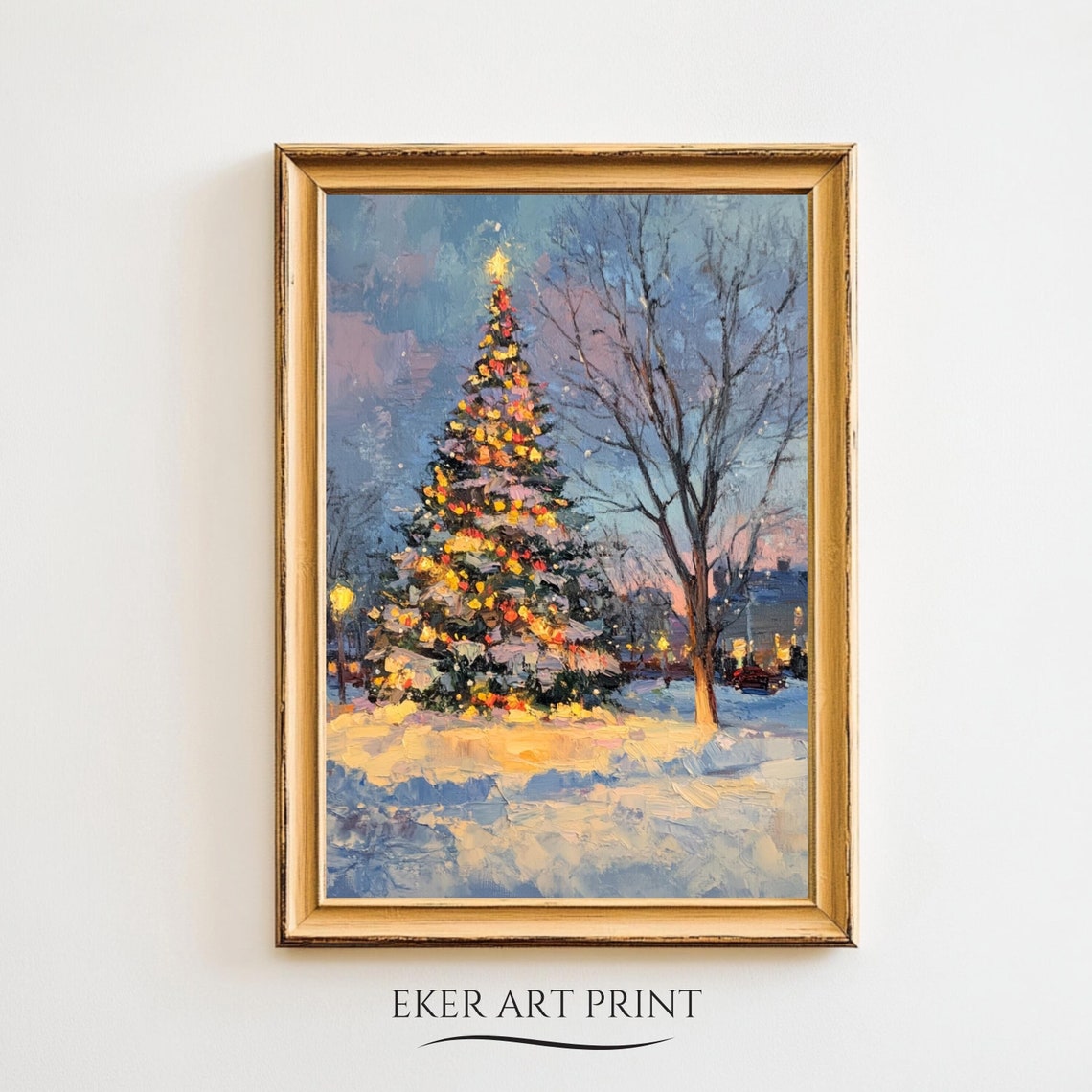 Outdoor Christmas Tree Lit At Dusk Snowy Evening Impressionist Print