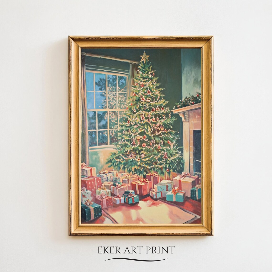 Christmas Tree Gifts Fireplace Gold Star Vintage Holiday Art Print