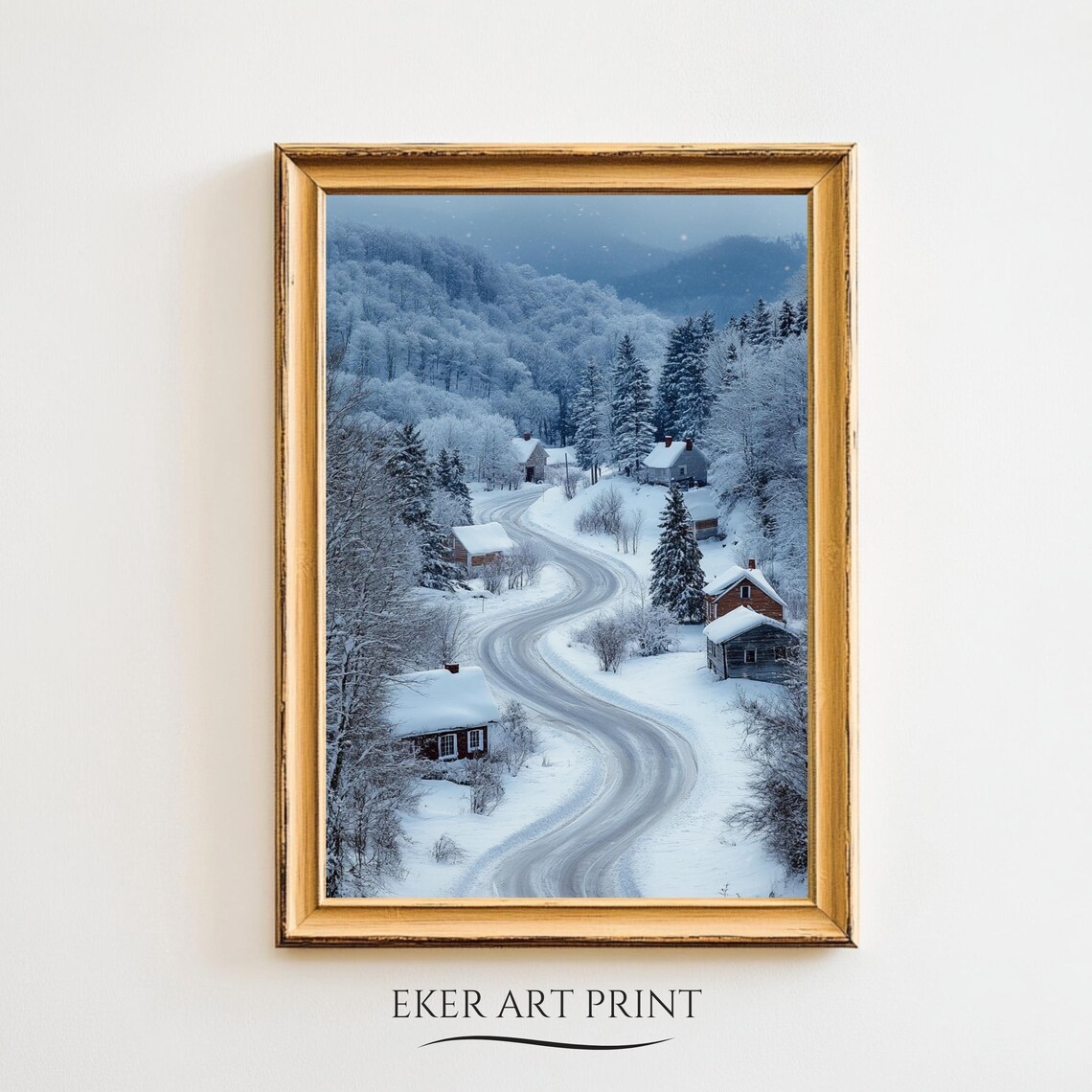 Winter Wall Art Neutral Christmas Decor Vintage Winter Landscape Print Snowy Village Painting Farmhouse Holiday Wall Art