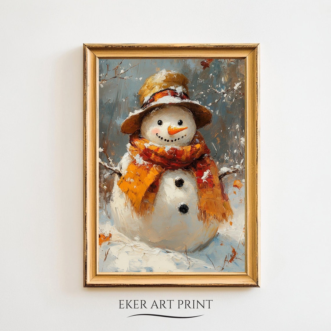 Snowman Orange Plaid Scarf Straw Hat Vintage Winter Painting Art Print