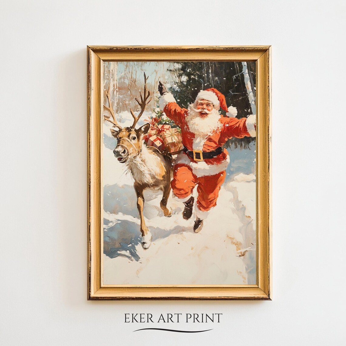 Joyful Santa Dancing With Reindeer Gifts Snowy Forest Vintage Print