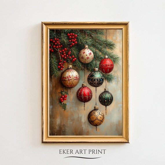 Vintage Christmas Ornaments Wall Art Print Featuring Mistletoe Holly Berries Rustic Moody Festive Christmas Wall Decor