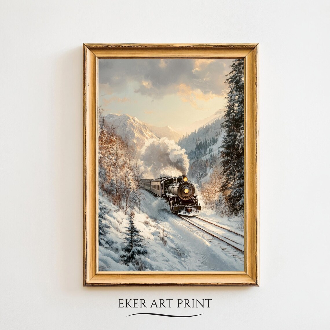 Steam Locomotive Snowy Pine Forest Mountain Pass Painting Art Print