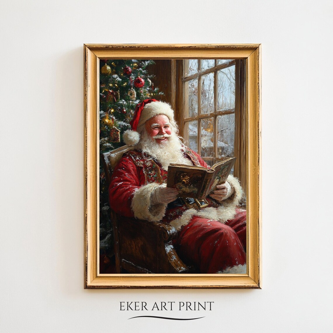 Santa Claus Reading Book By Window Christmas Tree Vintage Art Print