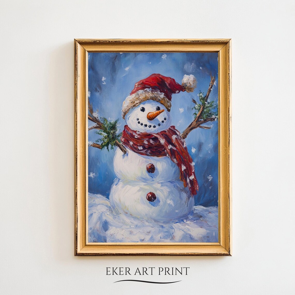 Christmas Snowman Red Santa Hat Scarf Snowy Blue Painting Art Print