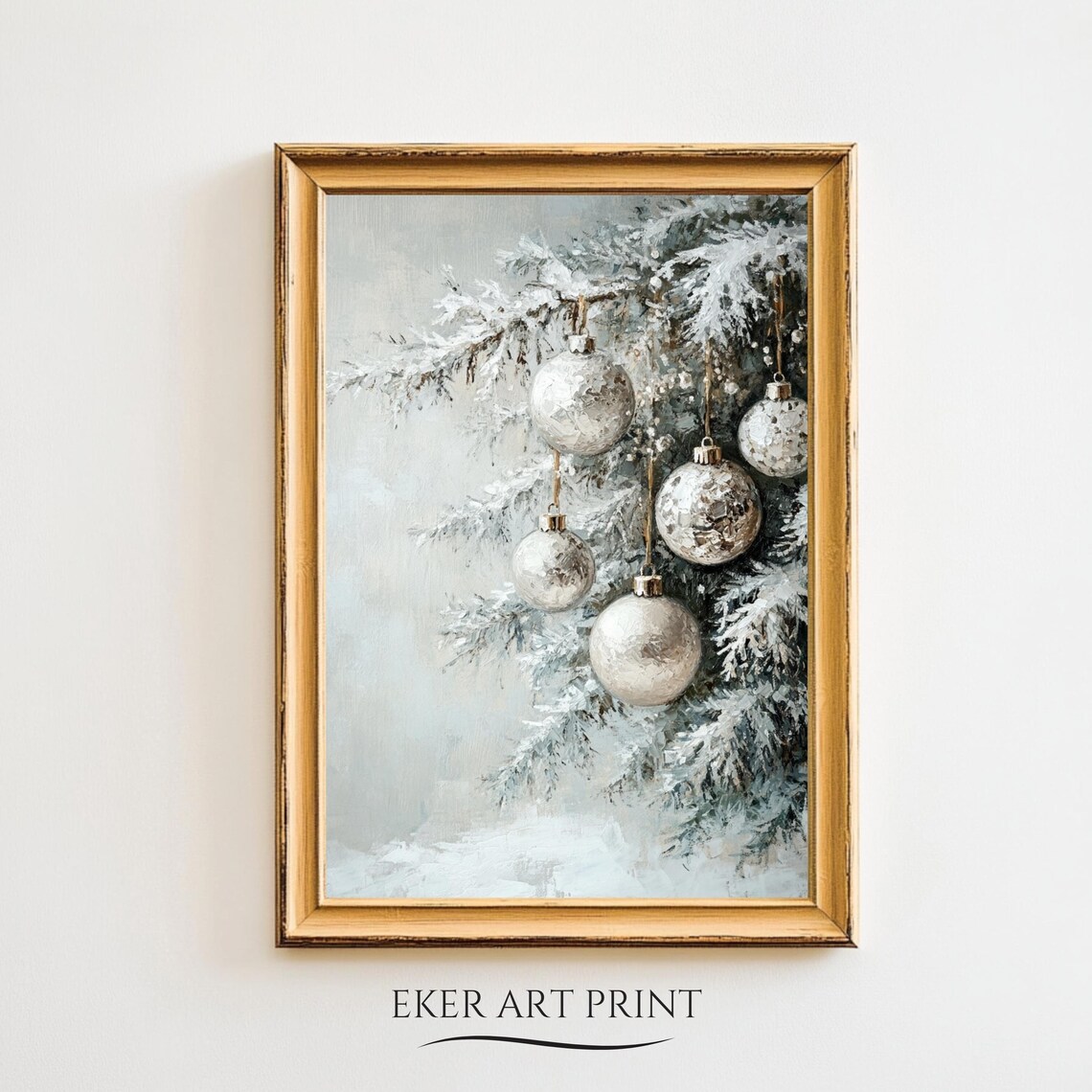 Silver White Christmas Ornaments Frosted Fir Branch Elegant Art Print