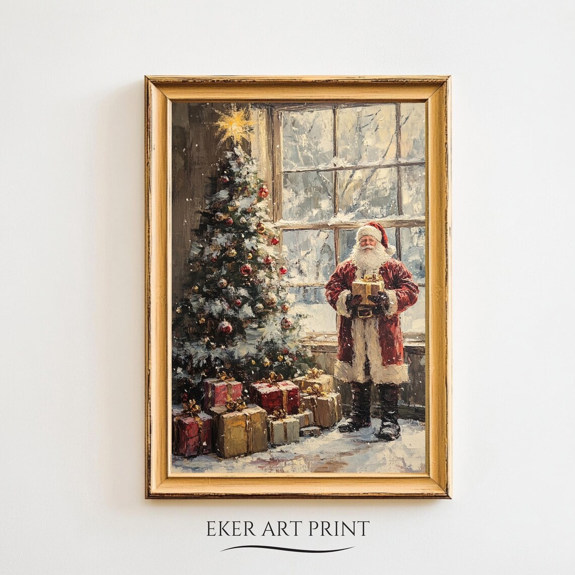Santa Claus Delivering Gifts Beside Christmas Tree Vintage Art Print