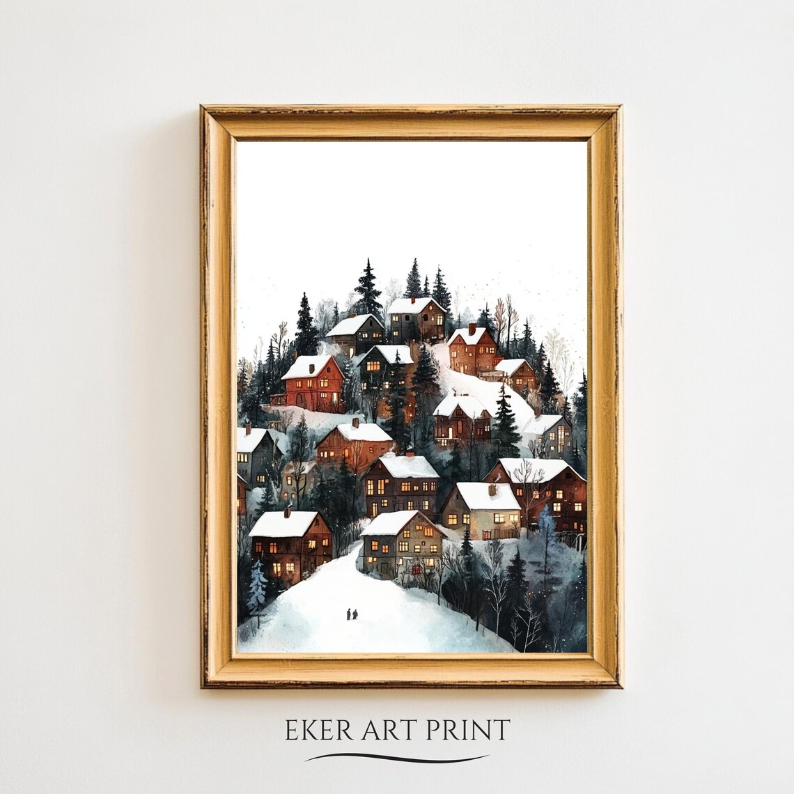 Snowy Scandinavian Village Hillside Glowing Windows Watercolor Print
