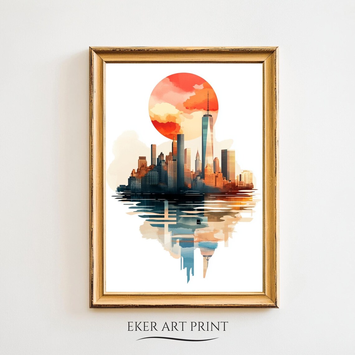 New York City Skyline Watercolor Sunset Sun Manhattan Wall Art Print