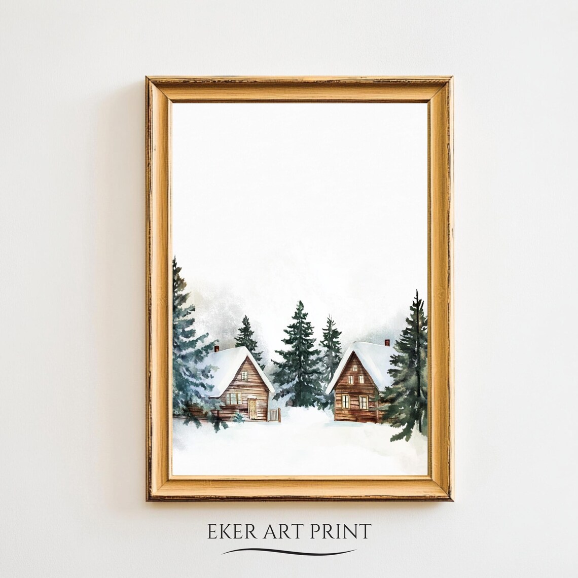Snowy Wooden Cabins Tall Pines Minimalist Winter Watercolor Print