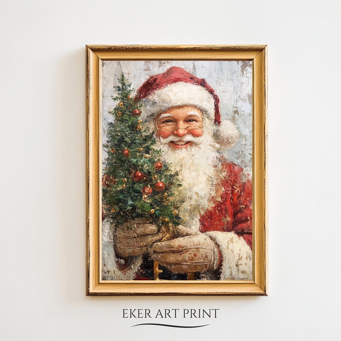 Smiling Santa Claus Holding Mini Christmas Tree Vintage Holiday Print