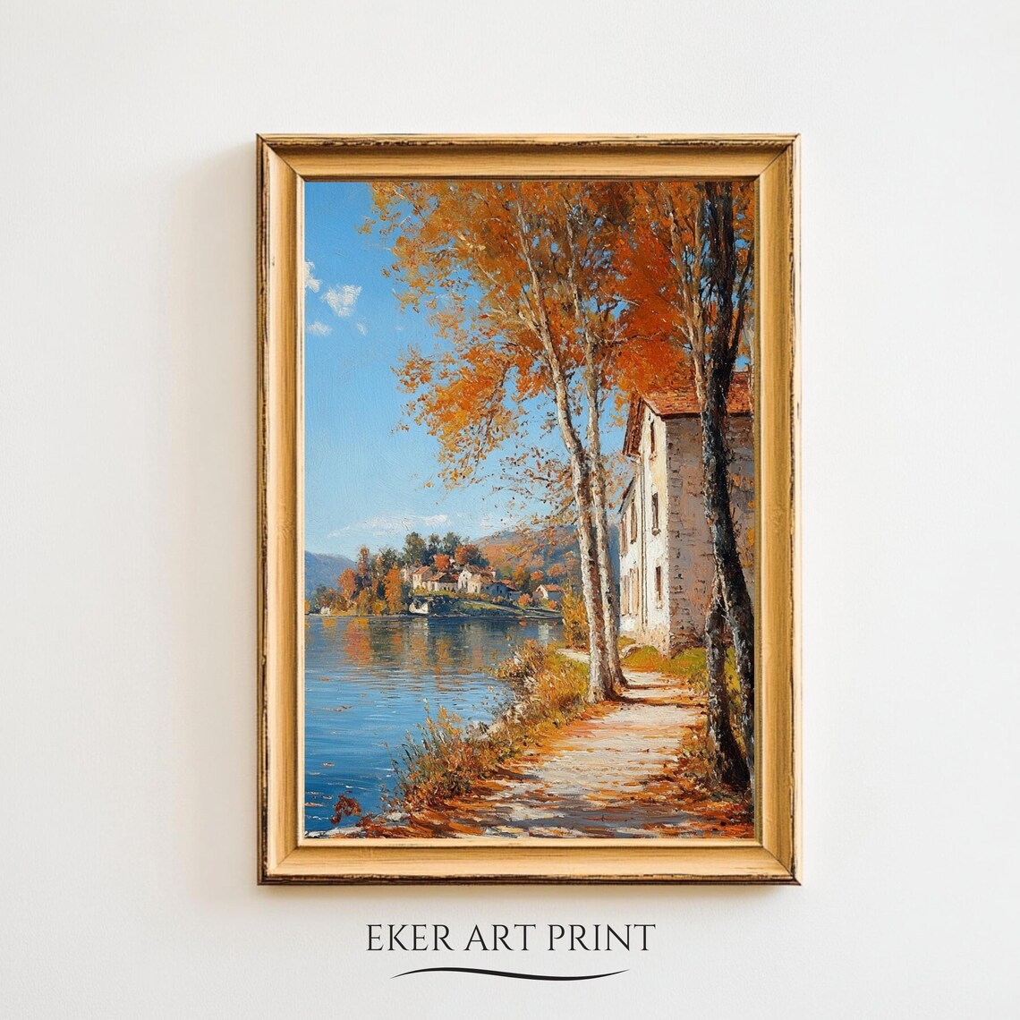 Autumn Lakeside Village Golden Trees Stone House Painting Wall Print