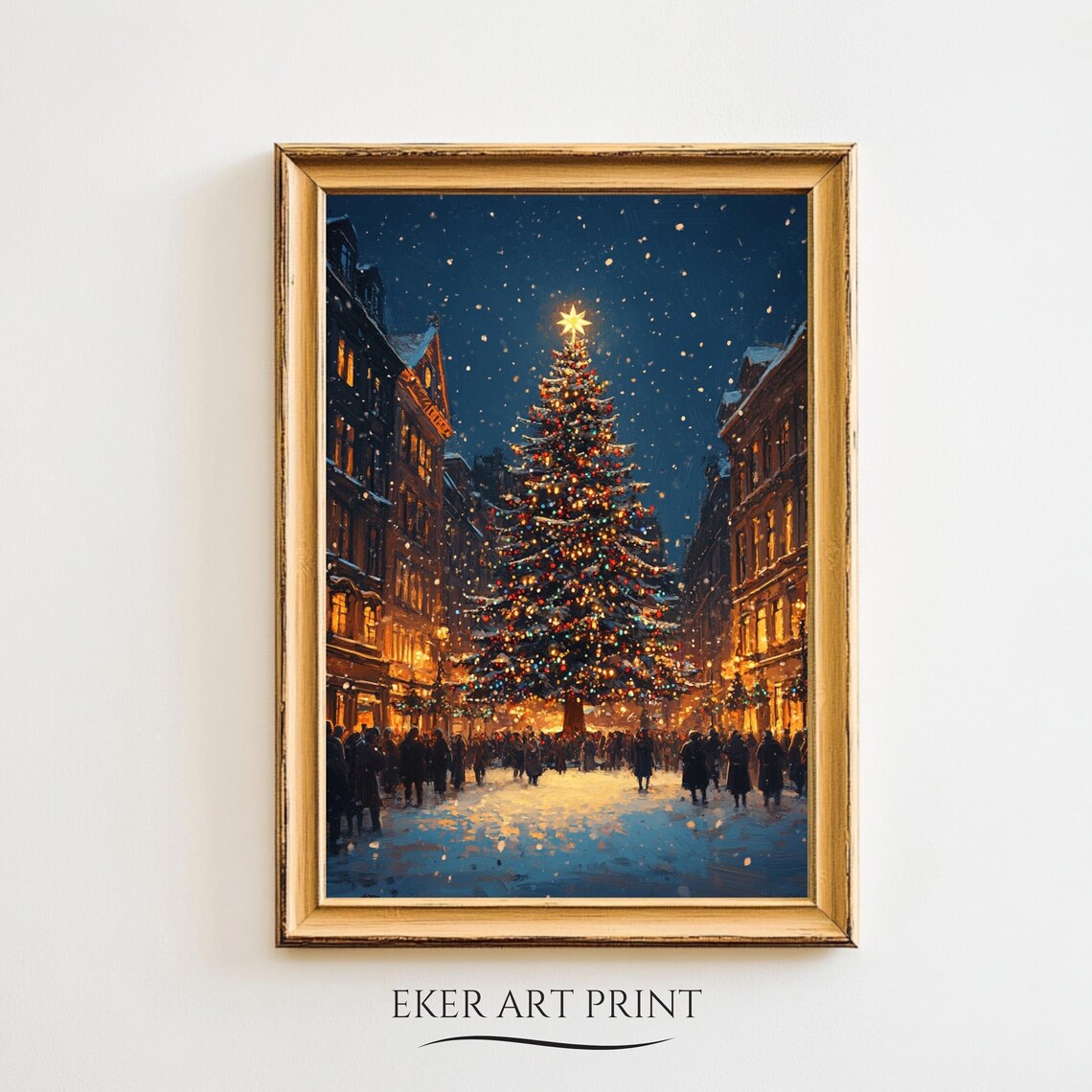 Christmas Village Landscape Painting Moody Christmas Wall Art Vintage Winter Home Decor Farmhouse Christmas Print Instant