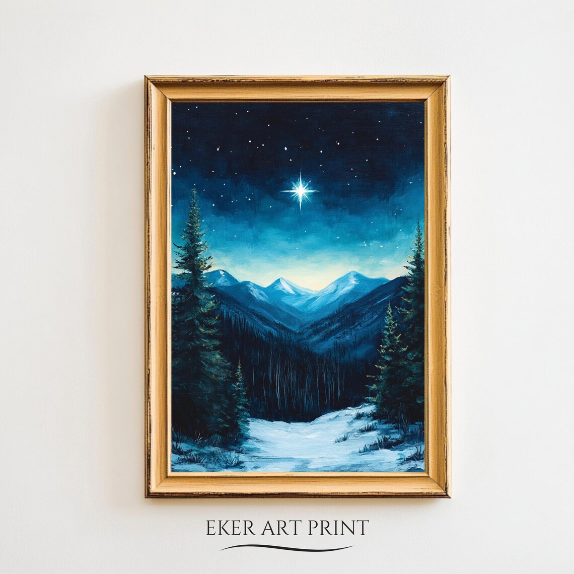 Christmas Star Over Snowy Mountains Pines Night Sky Nativity Print
