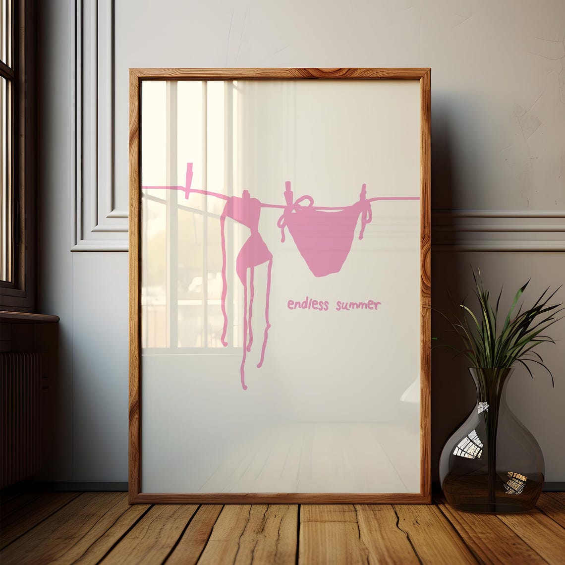 Endless Summer Pink Bikini Clothesline Poster for Beach House Decor