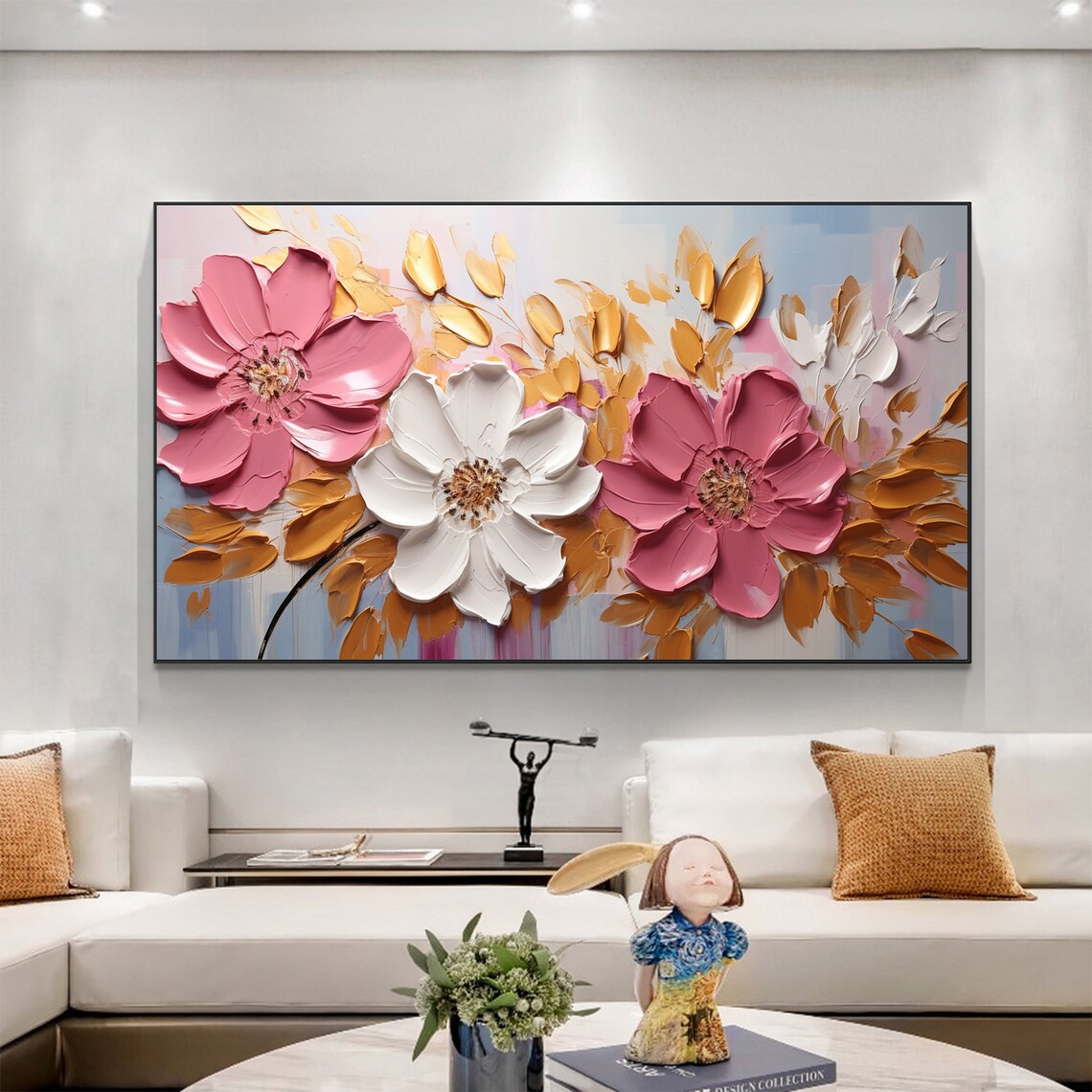 Pink and White Flowers With Gold Foliage Impasto Oil Painting Poster - Image 4